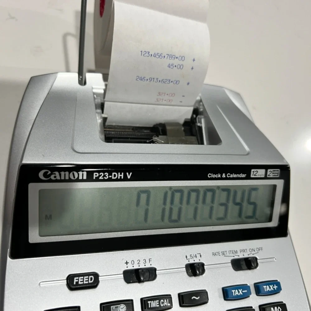 Canon P23-DH V Printing Calculator 12 Digit 2 Color Ink Business Tax Silver
